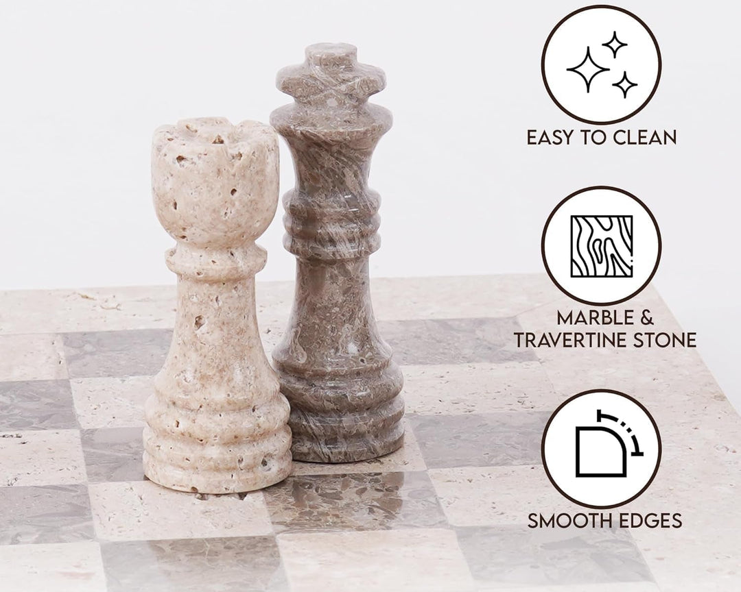 Marble chess pieces on a checkered surface with Speshastones branding and feature icons.