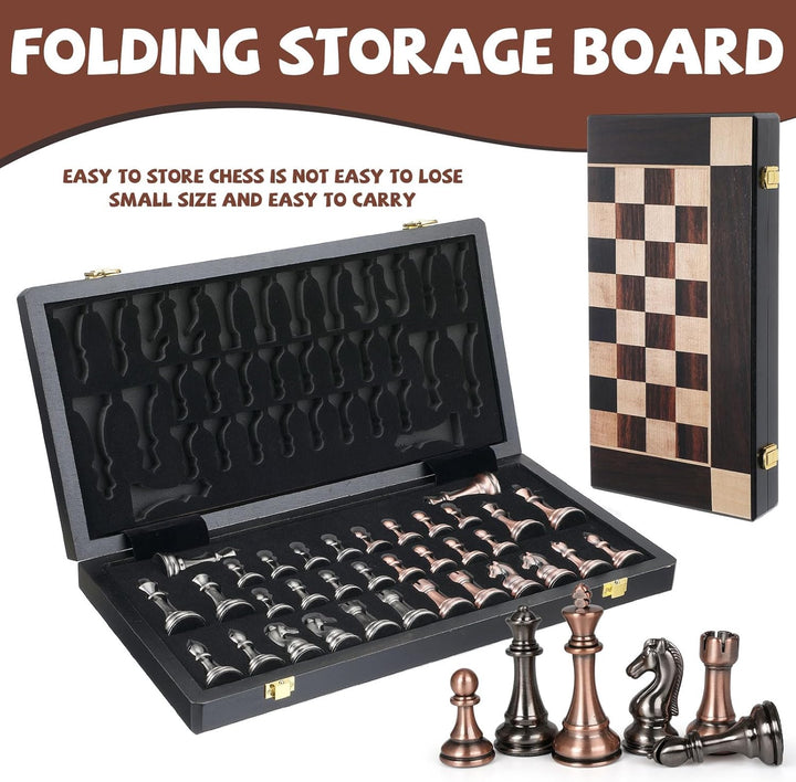 15-Inch Large Chess Set with Metal Chess Pieces – Foldable Wooden Board with Storage