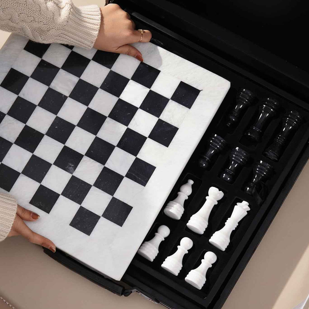 Black and White Marble Chess Set, 15" Board, 34 Hand-Polished Pieces, Storage Box