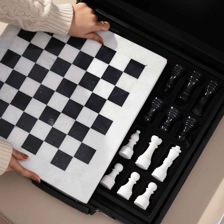 Black and White Marble Chess Set, 15" Board, 34 Hand-Polished Pieces, Storage Box