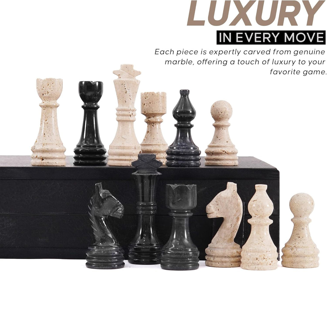 Marble chess pieces with a black base, featuring text about luxury and craftsmanship.