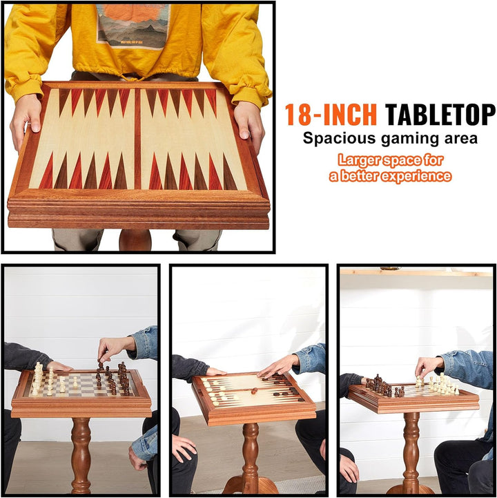 3-in-1 Chess Checkers Backgammon Table Set, 18 Inch Premium Wooden Chess Table