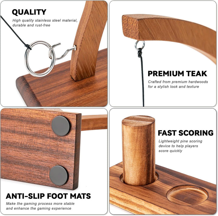 Hook and Ring Game - Teak Wood Ring Hook Tossing Game