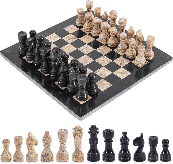 Marble Chess Set 12 Inches Fossil Coral and Black