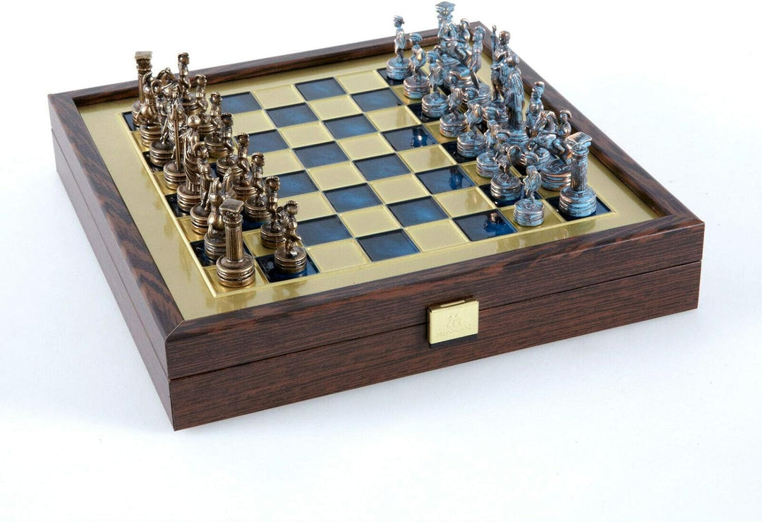 Greek-Roman Army Chess Set - Blue & Copper - Wooden Case - Blue Board
