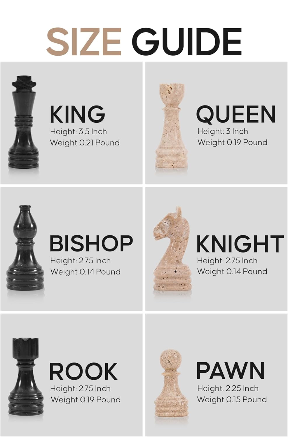 Chess piece size guide with king, queen, bishop, knight, rook, and pawn pieces.