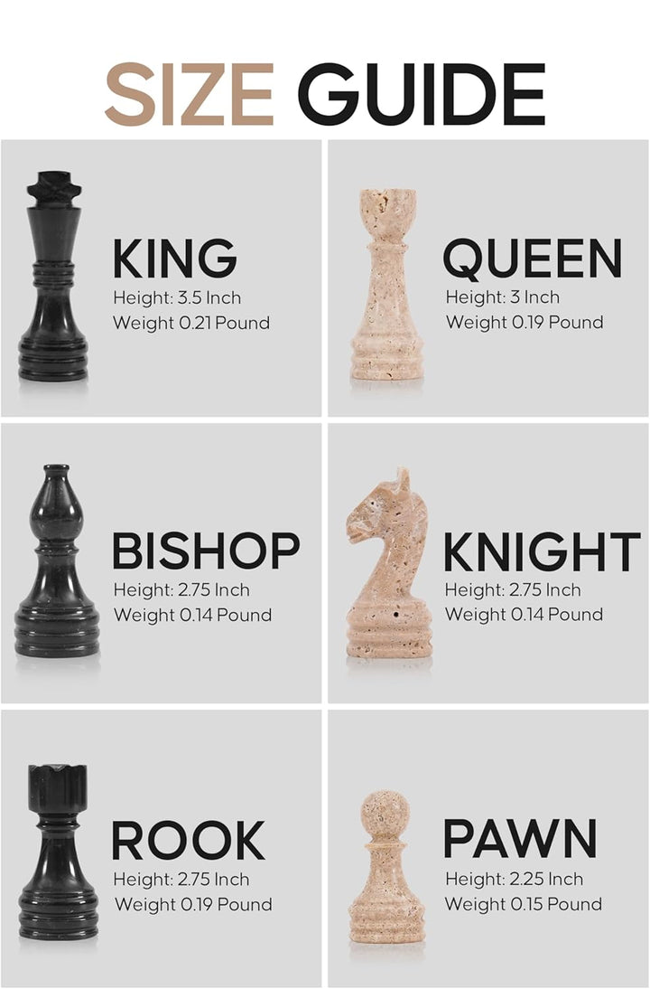 Chess piece size guide with king, queen, bishop, knight, rook, and pawn pieces.