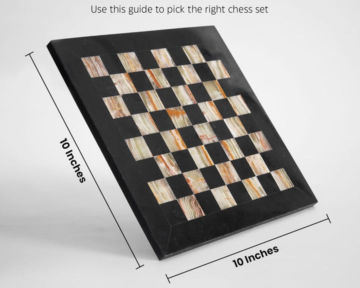 Chess board with dimensions labeled on a white background