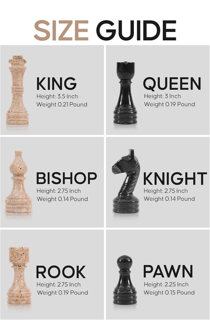 Size guide for chess pieces with descriptions of king, queen, bishop, knight, rook, and pawn.