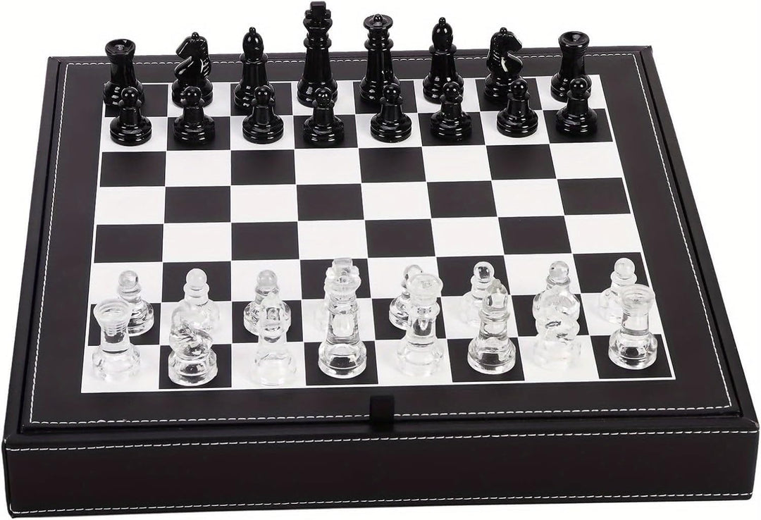 Luxury Glass Chess Set  Premium Leather Storage Case with 13.2” | Premium Gift