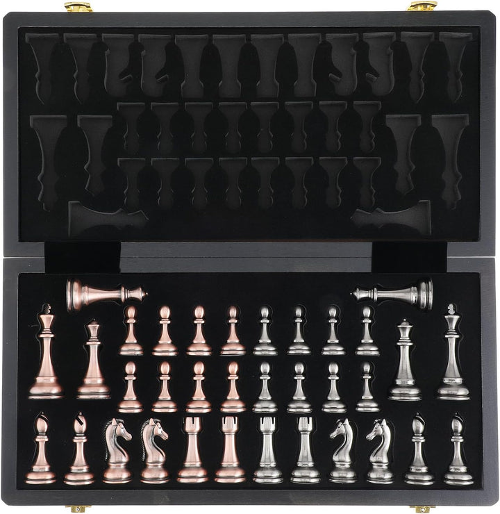 15-Inch Large Chess Set with Metal Chess Pieces – Foldable Wooden Board with Storage