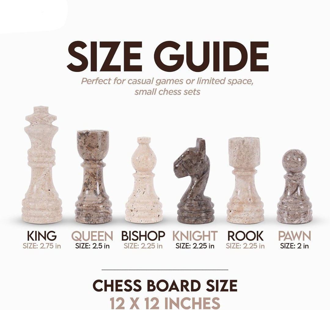 Size guide for small chess sets with chess pieces and dimensions displayed.