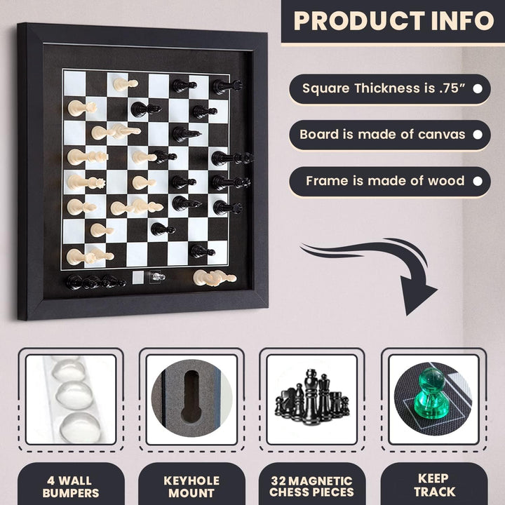Magnetic Wall Chess Set - Wooden Board with Black & White
