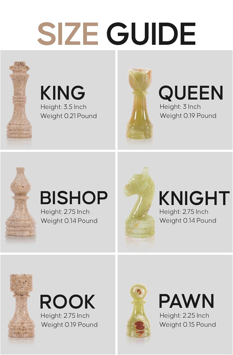 Size guide for chess pieces with measurements and weights on a white background