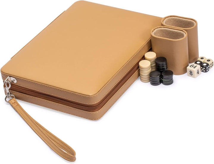 Travel Size Backgammon Mini Game Set, Magnetic Checkers Yellow and 9-inch Board in Sleek Leatherette Case - Classic Strategy Board Game