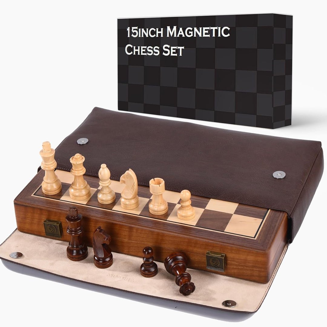 15 Inch Walnut Magnetic Chess Board Set
