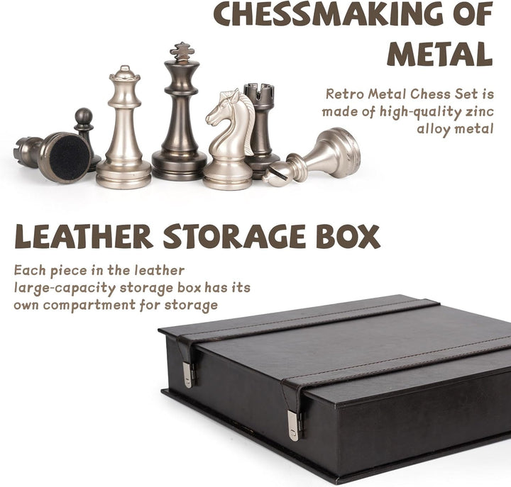 Metal Chess Set for Adults and Kids – 12" Leather Chess Board with Weighted Metal Chess Pieces