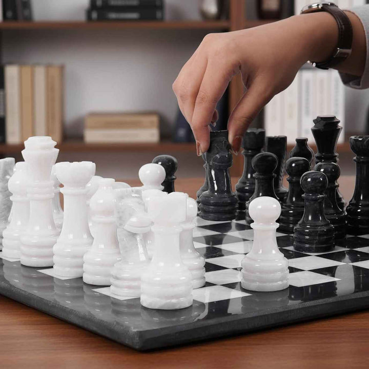 Black and White Marble Chess Set, 15" Board, 34 Hand-Polished Pieces, Storage Box