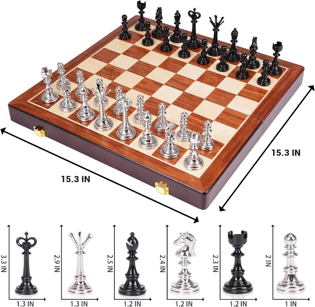 Metal Chess Set and Checkers Game Set 15 inch Black and Silver