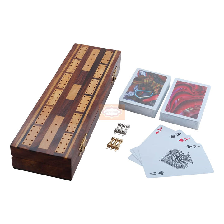 Wooden Game Cribbage Boards Set, 2 Decks of Cards and 6 Metal Cribbage Pegs Set with Storage