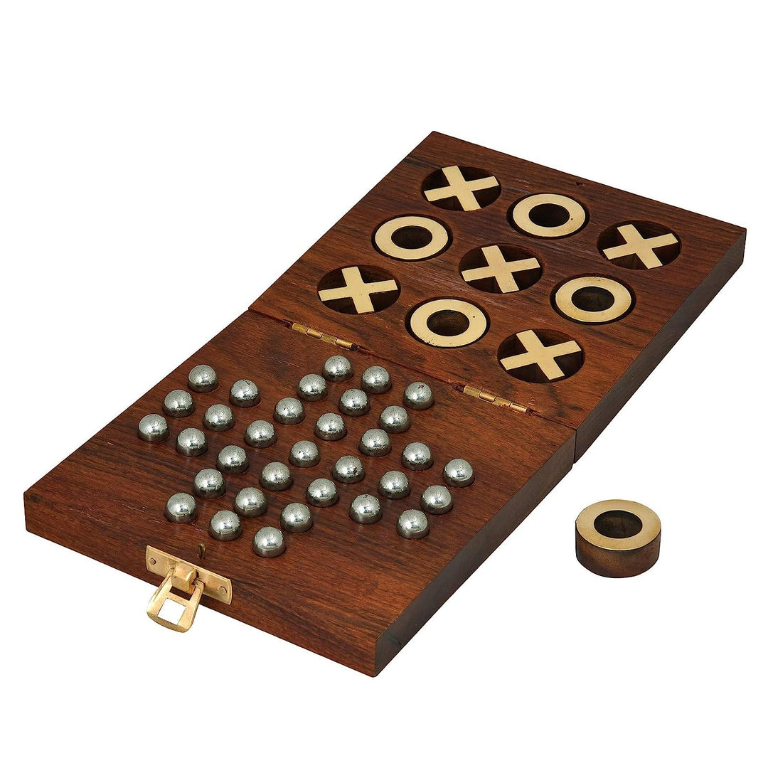 Wooden Two in One Tic Tac Toe and Solitaire Board Game