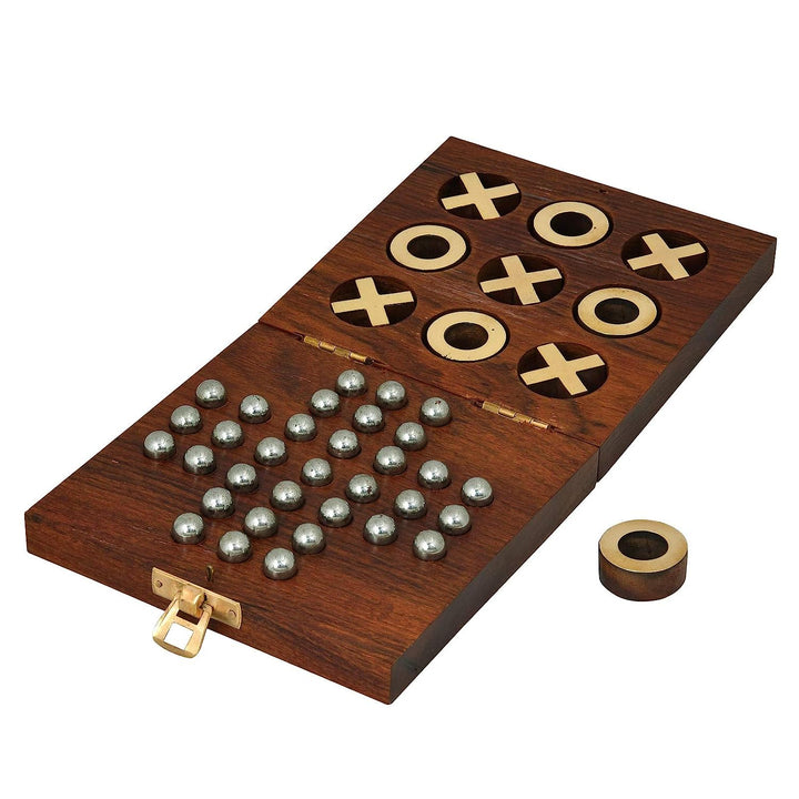 Wooden Two in One Tic Tac Toe and Solitaire Board Game