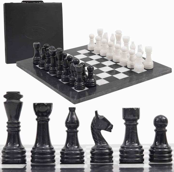 Black and White Marble Chess Set, 15" Board, 34 Hand-Polished Pieces, Storage Box