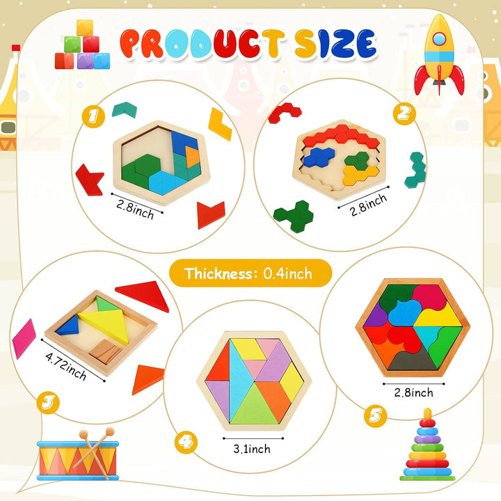 5 Pack Wooden Hexagon Puzzle for Kid