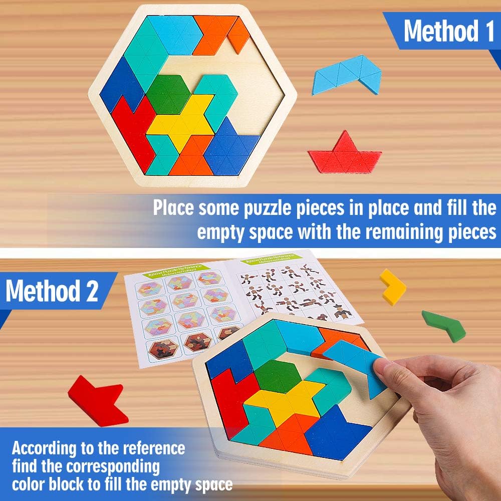 Wooden Hexagon Puzzle for Kids Brain Teaser Blocks Puzzles Games