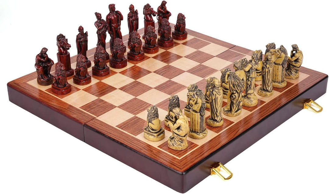 Retro Roman Chess Set with Resin Chess Pieces and Wooden Chessboard