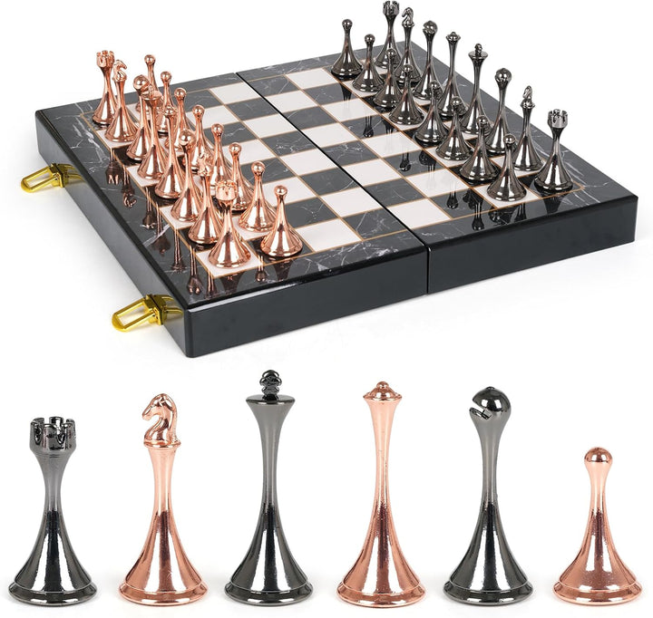 Minimalist Rose Gold and Gunmetal Metal Chess Set