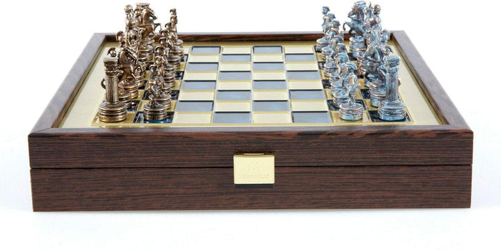 Greek-Roman Army Chess Set - Blue & Copper - Wooden Case - Blue Board