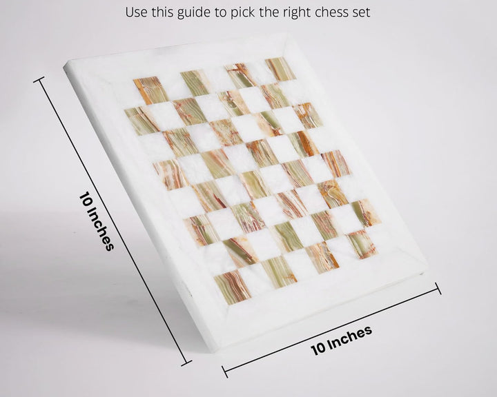 Marble chess set with size guide indicating 10 inches on each side