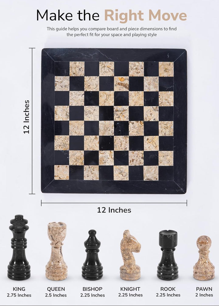 Chessboard and chess pieces with dimensions on a white background