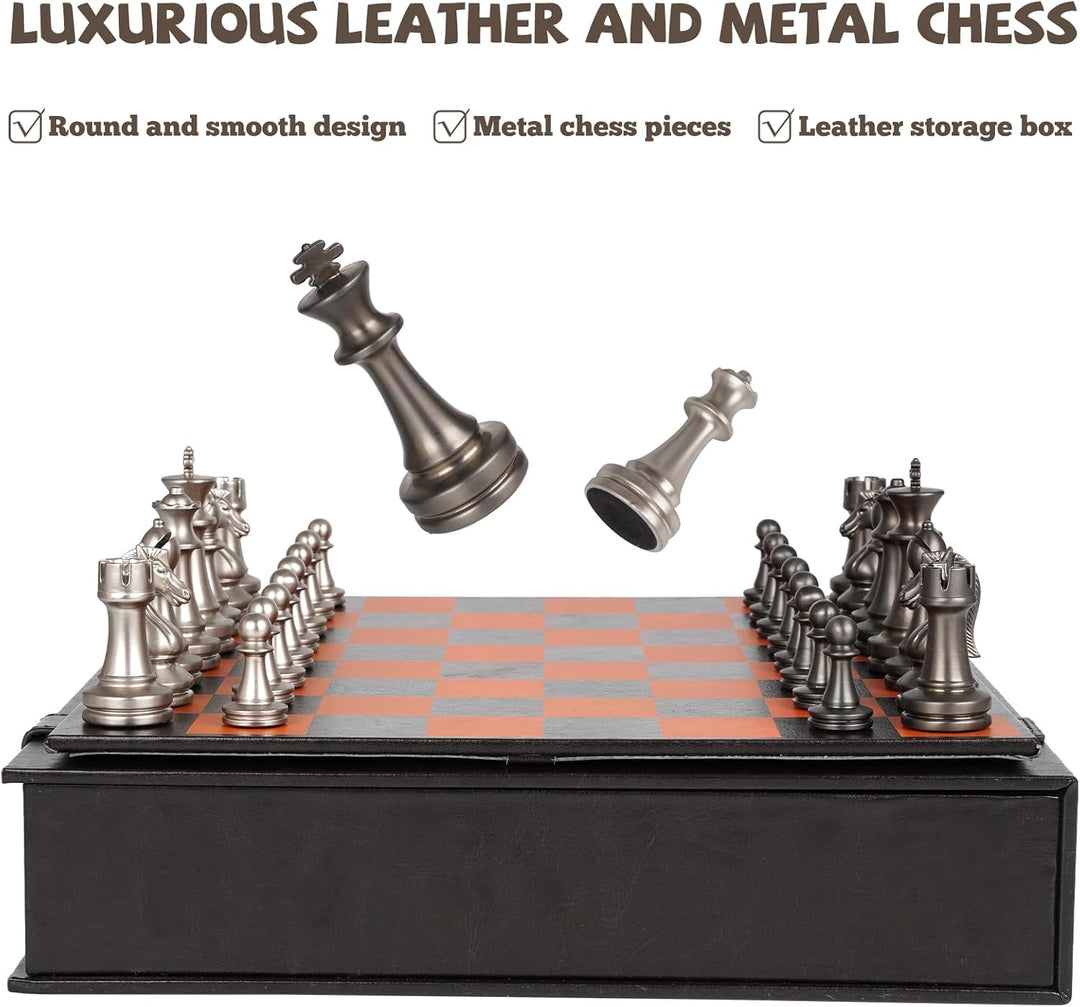 Metal Chess Set for Adults and Kids – 12" Leather Chess Board with Weighted Metal Chess Pieces