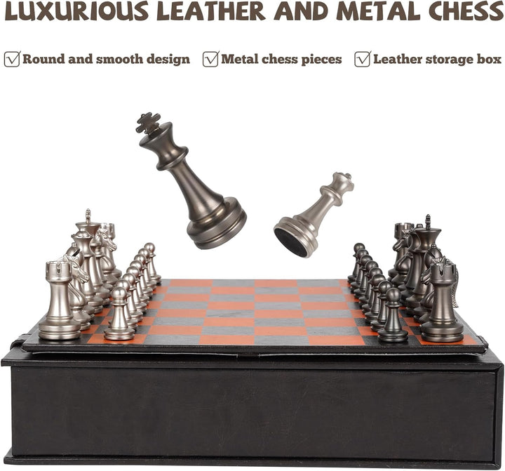Metal Chess Set for Adults and Kids – 12" Leather Chess Board with Weighted Metal Chess Pieces