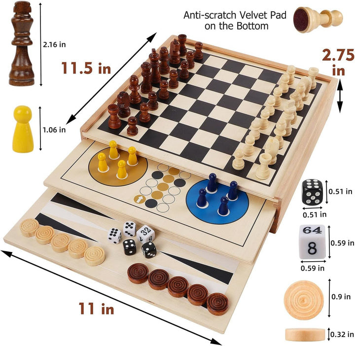 7-in-1 Wooden Board Game Set | Tabletop Combo Classic Travel Board Games