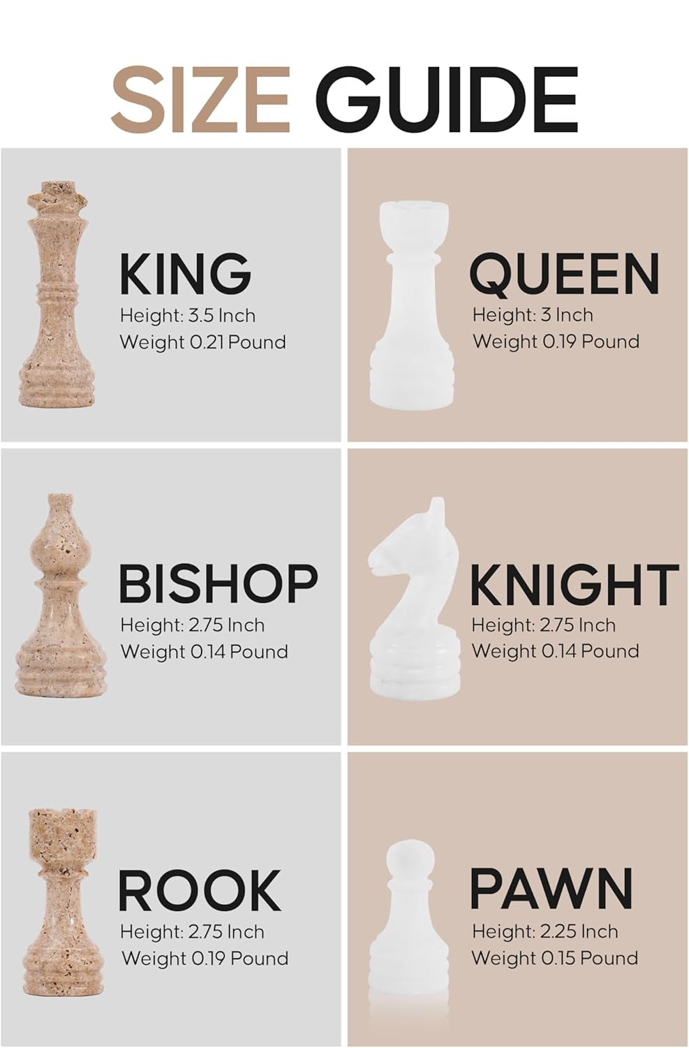 Size guide for chess pieces with measurements and weights on a beige background