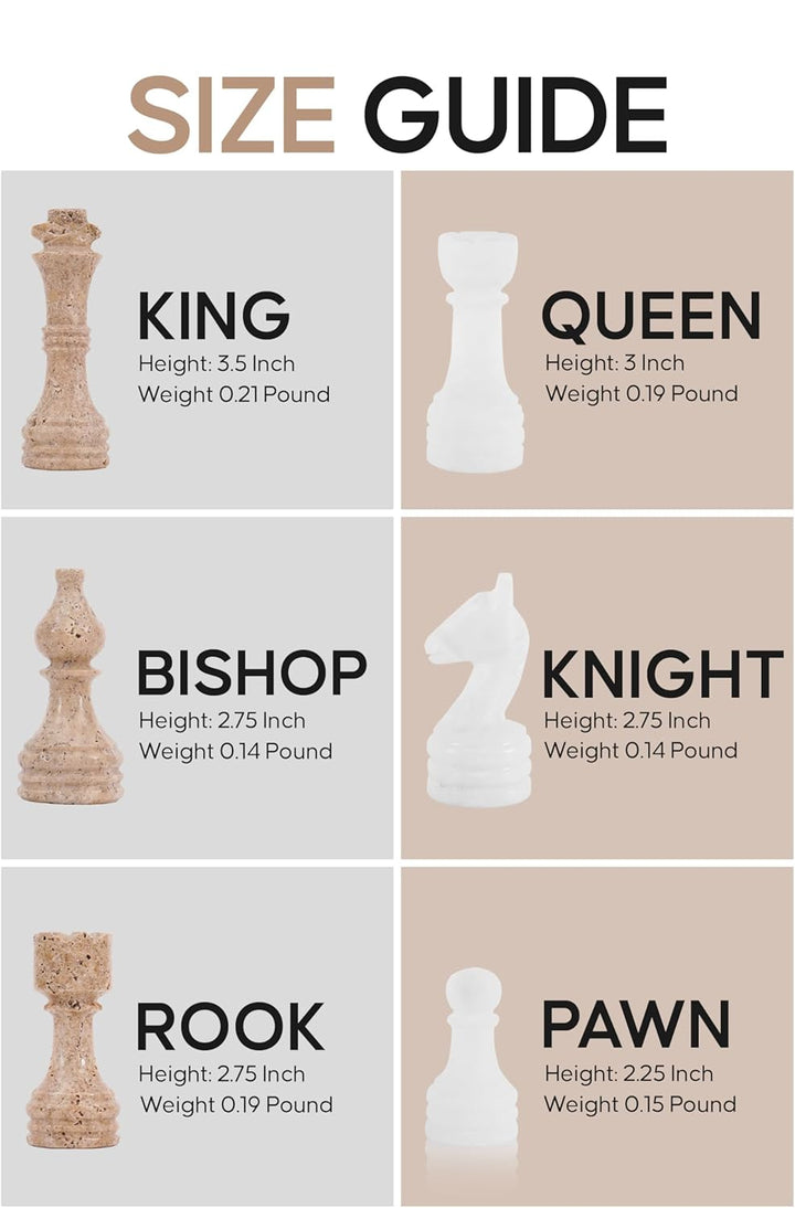 Size guide for chess pieces with measurements and weights on a beige background