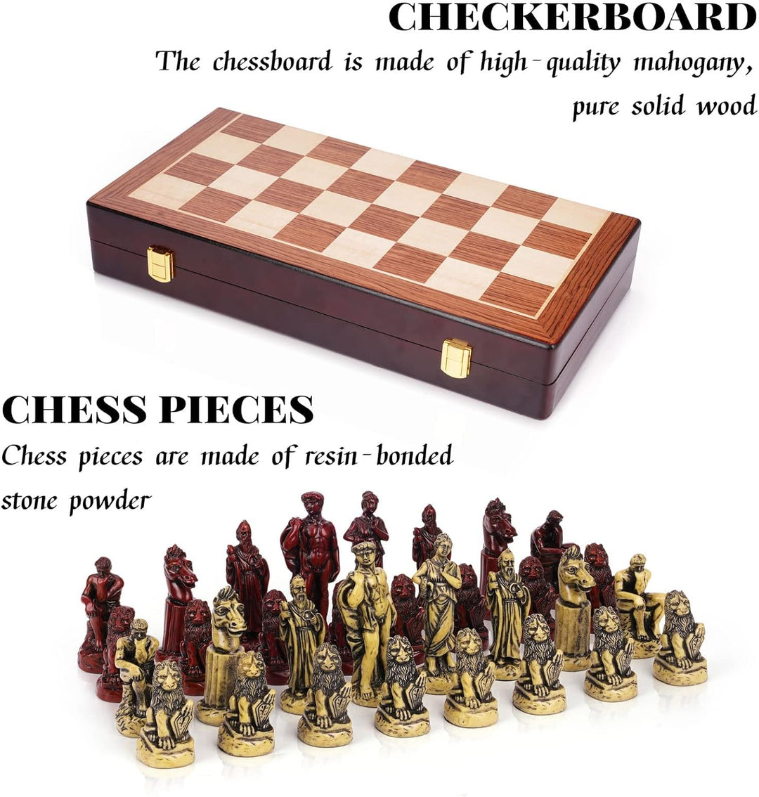 Retro Roman Chess Set with Resin Chess Pieces and Wooden Chessboard