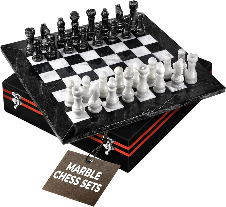 Marble Chess Set with Luxury Storage Box, Chess Boar White & Black Onyx Marble Chess Sets