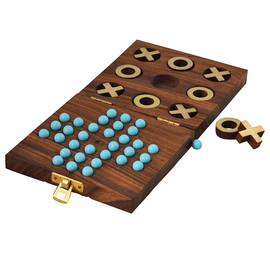 Wooden Two in One Tic Tac Toe and Solitaire Board Game