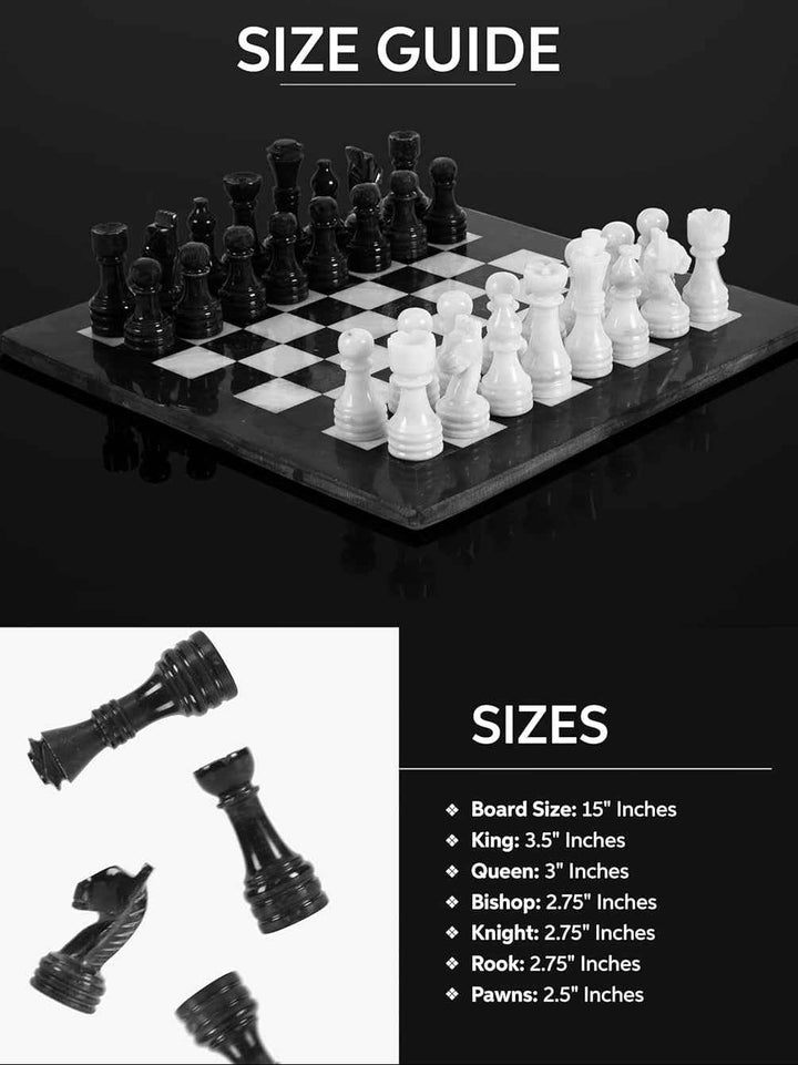 Black and White Marble Chess Set, 15" Board, 34 Hand-Polished Pieces, Storage Box