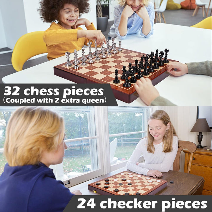 Metal Chess Set and Checkers Game Set 15 inch Black and Silver