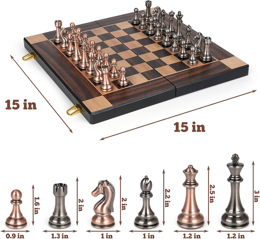 15-Inch Large Chess Set with Metal Chess Pieces – Foldable Wooden Board with Storage