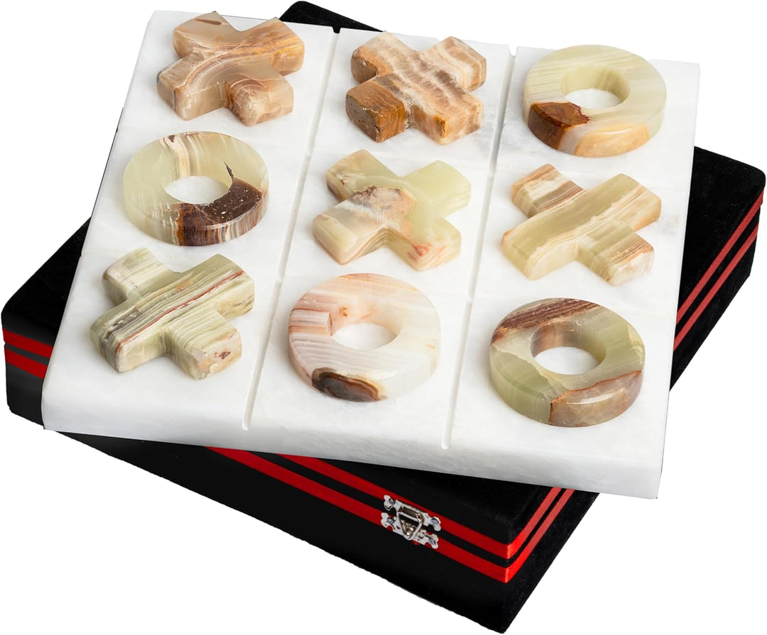 Luxury Marble Tic Tac Toe Game, Handcrafted 10" Onyx Board in Velvet Box