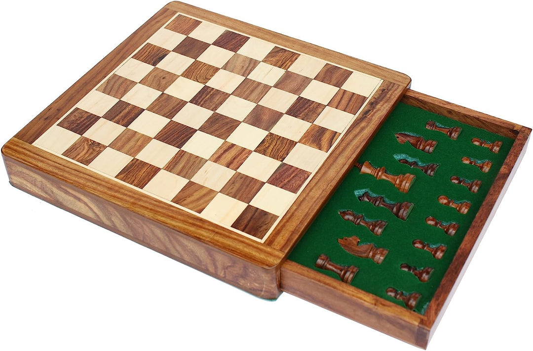 Jeu d'échecs indien fait à la main avec tiroir en bois et rangement, taille 30,5 x 30,5 cm