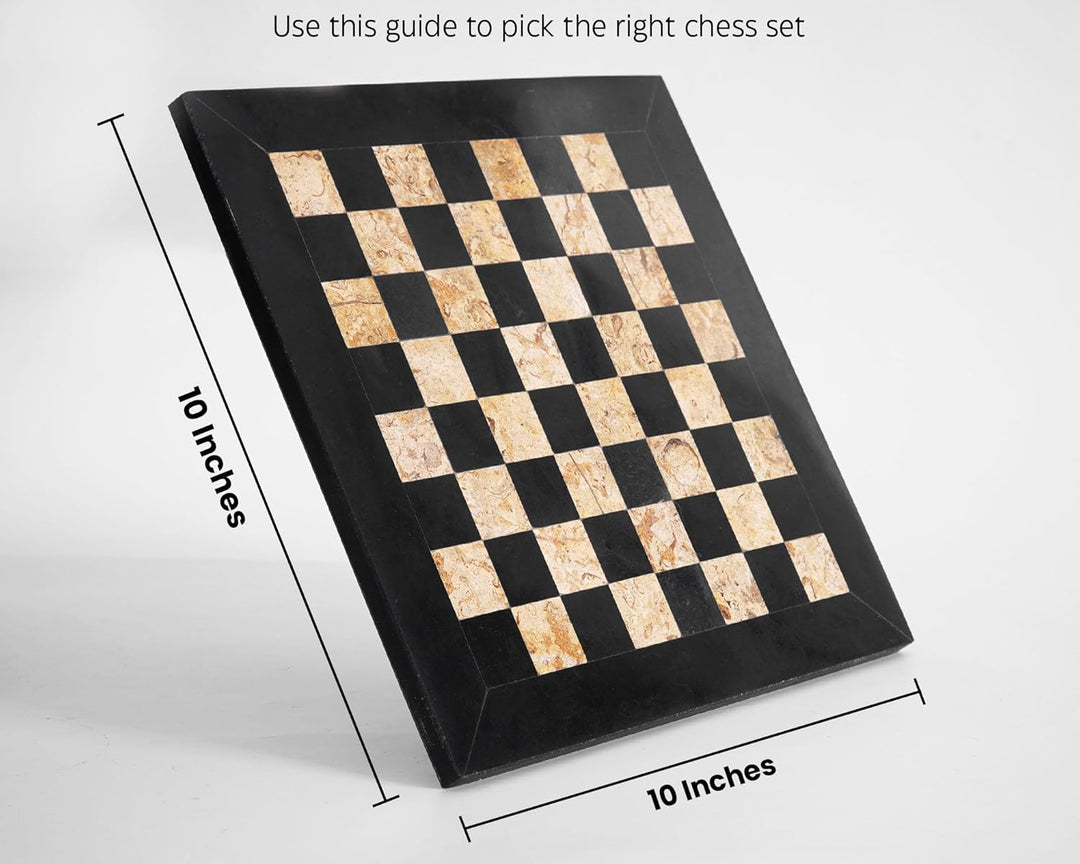 Marble Range chess set size guide with dimensions on a white background