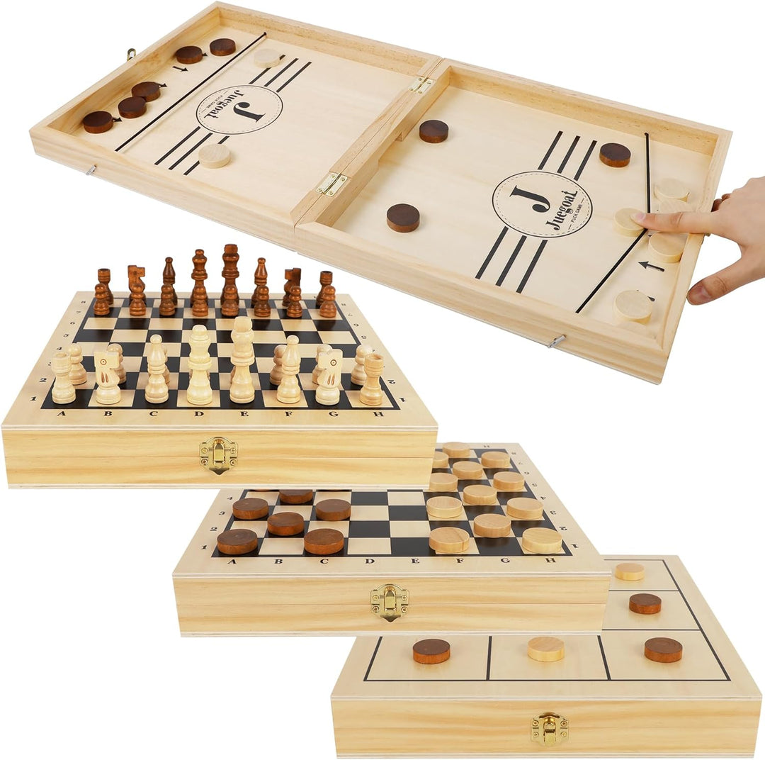 4-in-1 Wooden Fast Sling Puck | Chess | Checkers | Tic Tac toe