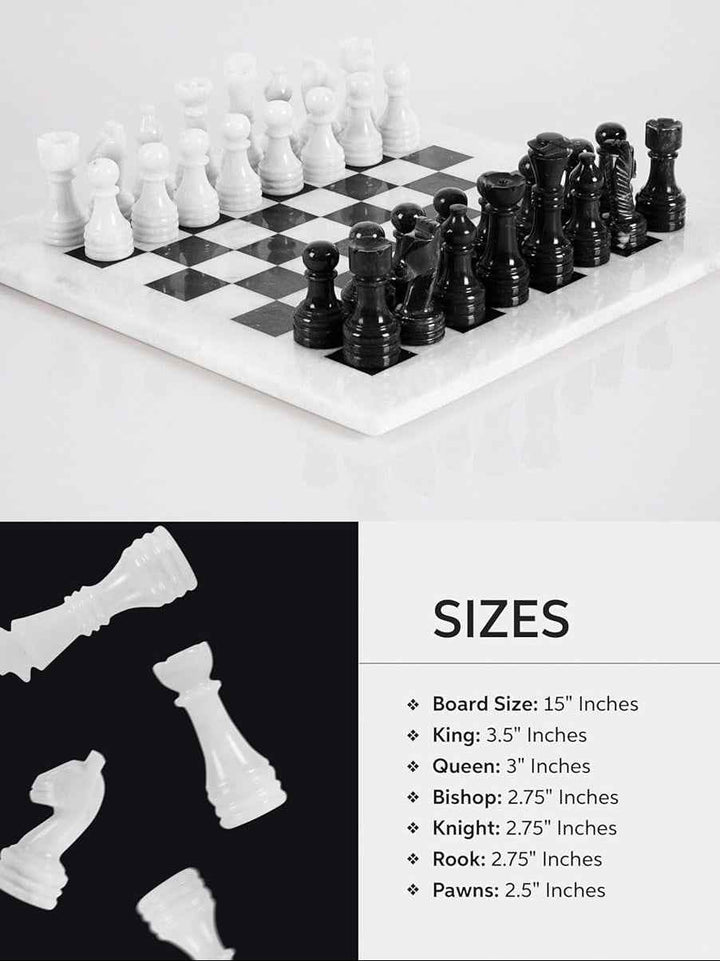Black and White Marble Chess Set, 15" Board, 34 Hand-Polished Pieces, Storage Box